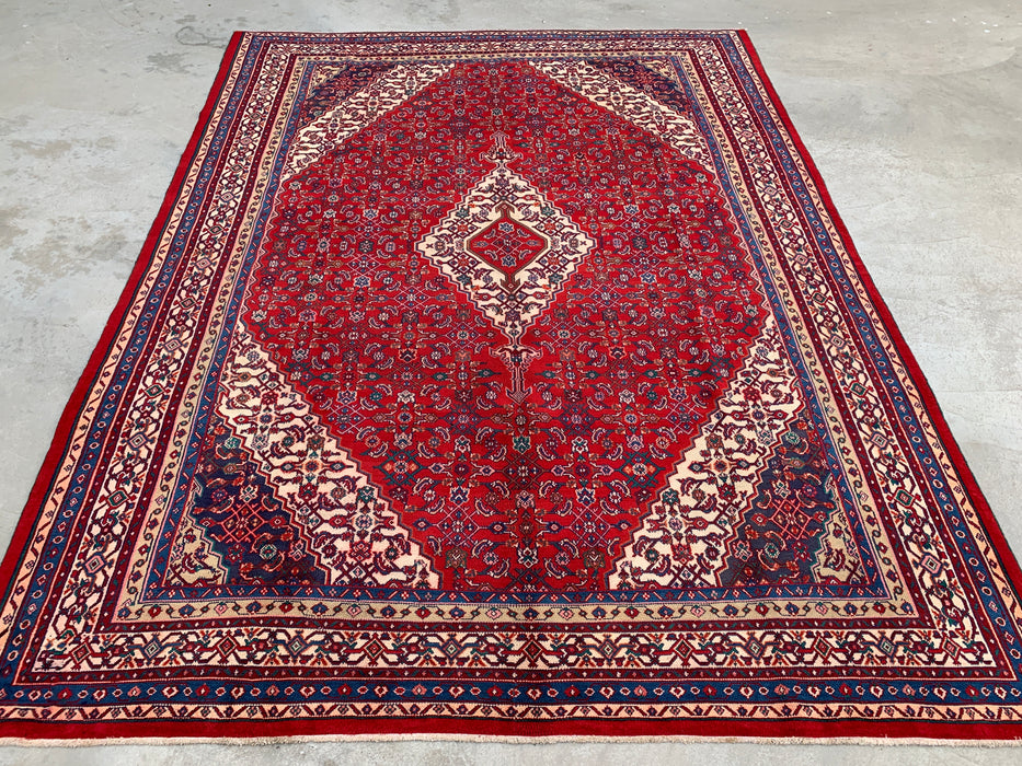 11'7 x 8'10 Handgeknoopt Perzisch wollen tapijt in rood, blauw & ivoor met traditioneel medaillonontwerp | KBHM-1061