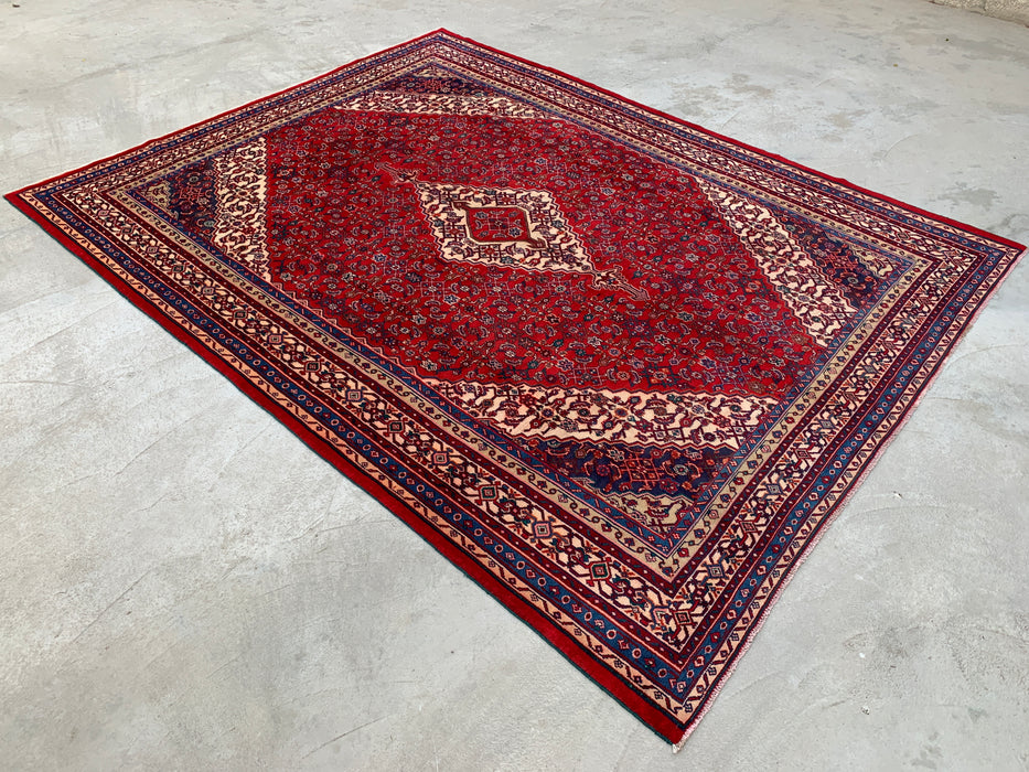 11'7 x 8'10 Handgeknoopt Perzisch wollen tapijt in rood, blauw & ivoor met traditioneel medaillonontwerp | KBHM-1061