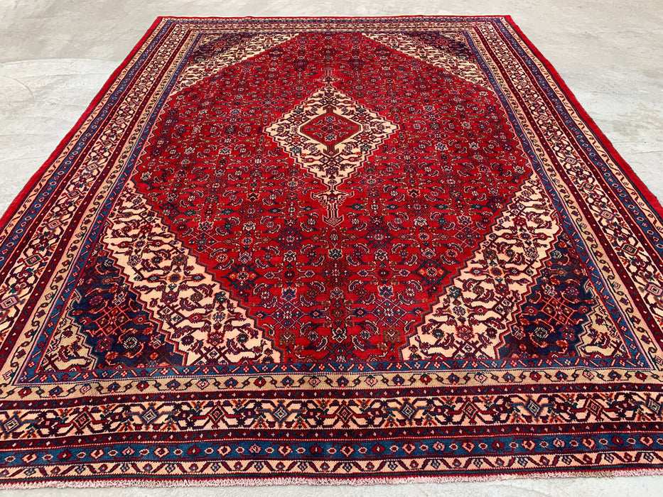 11'7 x 8'10 Handgeknoopt Perzisch wollen tapijt in rood, blauw & ivoor met traditioneel medaillonontwerp | KBHM-1061