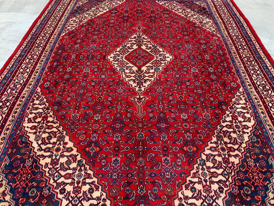 11'7 x 8'10 Handgeknoopt Perzisch wollen tapijt in rood, blauw & ivoor met traditioneel medaillonontwerp | KBHM-1061
