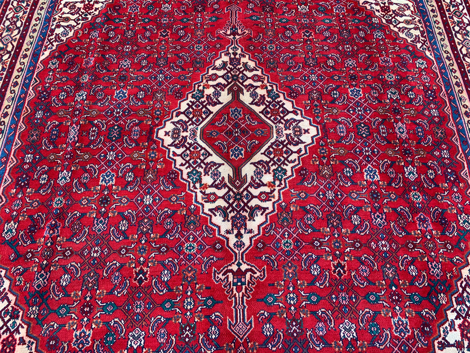 11'7 x 8'10 Handgeknoopt Perzisch wollen tapijt in rood, blauw & ivoor met traditioneel medaillonontwerp | KBHM-1061