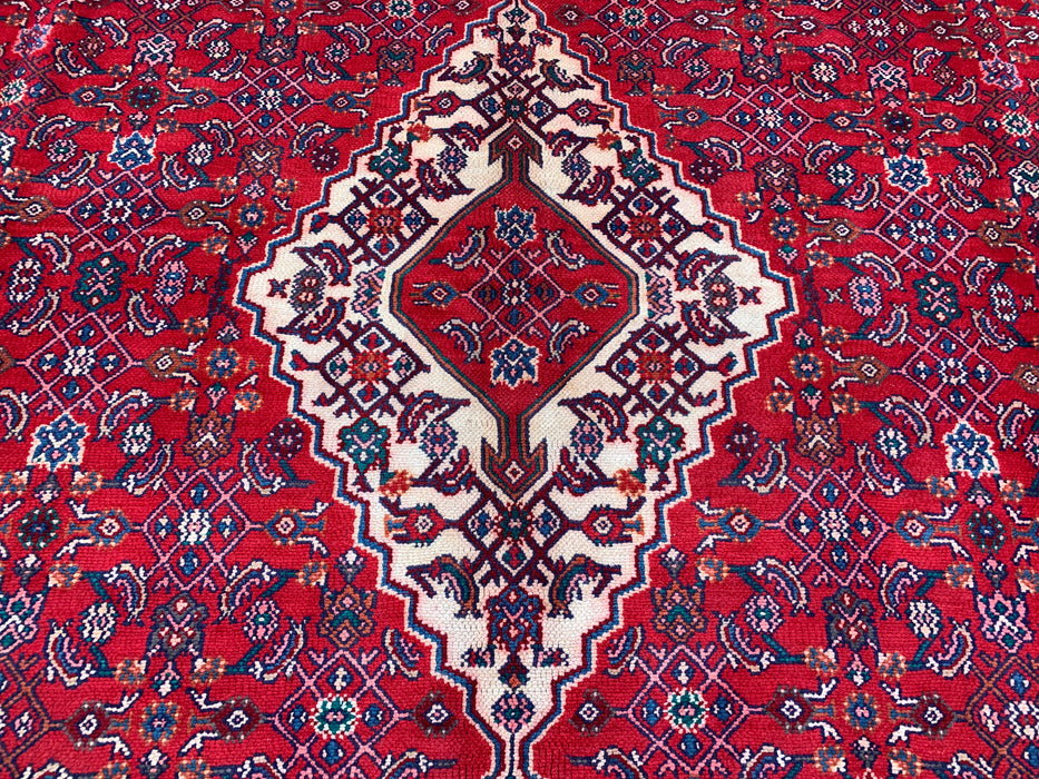 11'7 x 8'10 Handgeknoopt Perzisch wollen tapijt in rood, blauw & ivoor met traditioneel medaillonontwerp | KBHM-1061