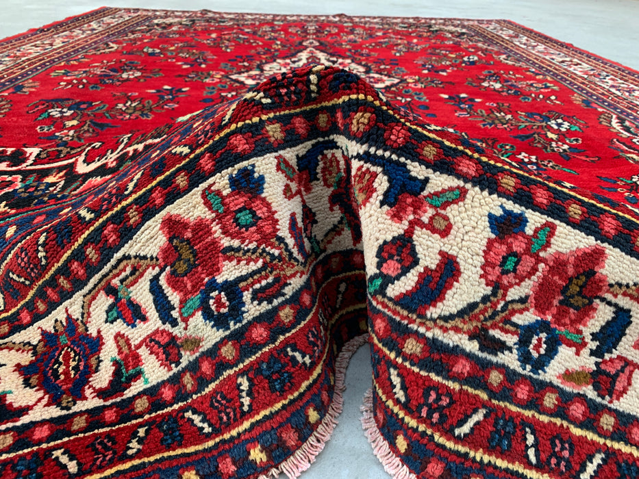 11'8 x 8'7 handgeknoopt Perzisch wollen tapijt in rood, blauw & ivoor met traditioneel medaillonontwerp | KBHM-1062