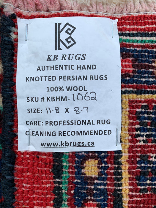11'8 x 8'7 handgeknoopt Perzisch wollen tapijt in rood, blauw & ivoor met traditioneel medaillonontwerp | KBHM-1062