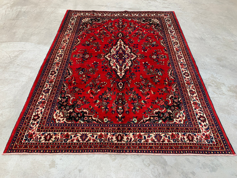 11'8 x 8'7 handgeknoopt Perzisch wollen tapijt in rood, blauw & ivoor met traditioneel medaillonontwerp | KBHM-1062