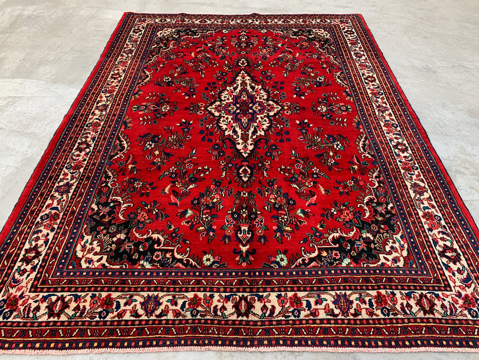 11'8 x 8'7 handgeknoopt Perzisch wollen tapijt in rood, blauw & ivoor met traditioneel medaillonontwerp | KBHM-1062