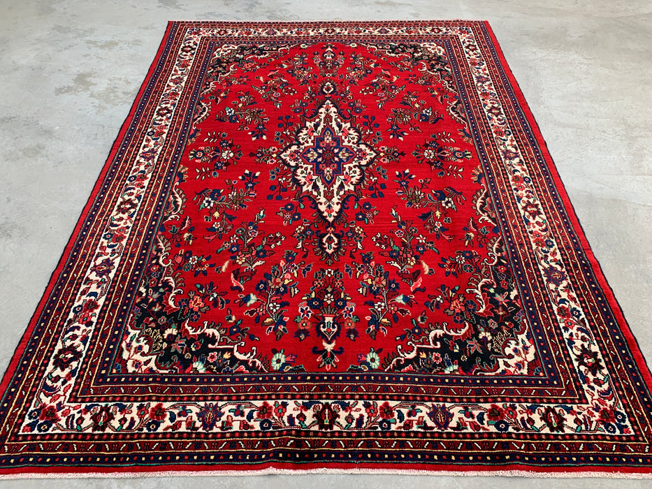 11'8 x 8'7 handgeknoopt Perzisch wollen tapijt in rood, blauw & ivoor met traditioneel medaillonontwerp | KBHM-1062