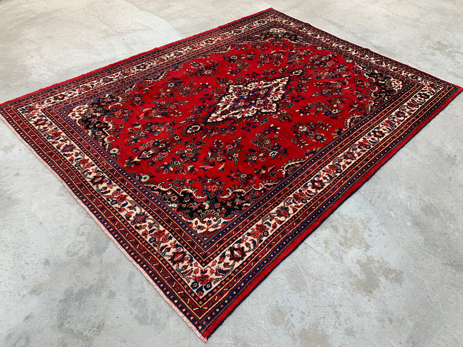 11'8 x 8'7 handgeknoopt Perzisch wollen tapijt in rood, blauw & ivoor met traditioneel medaillonontwerp | KBHM-1062