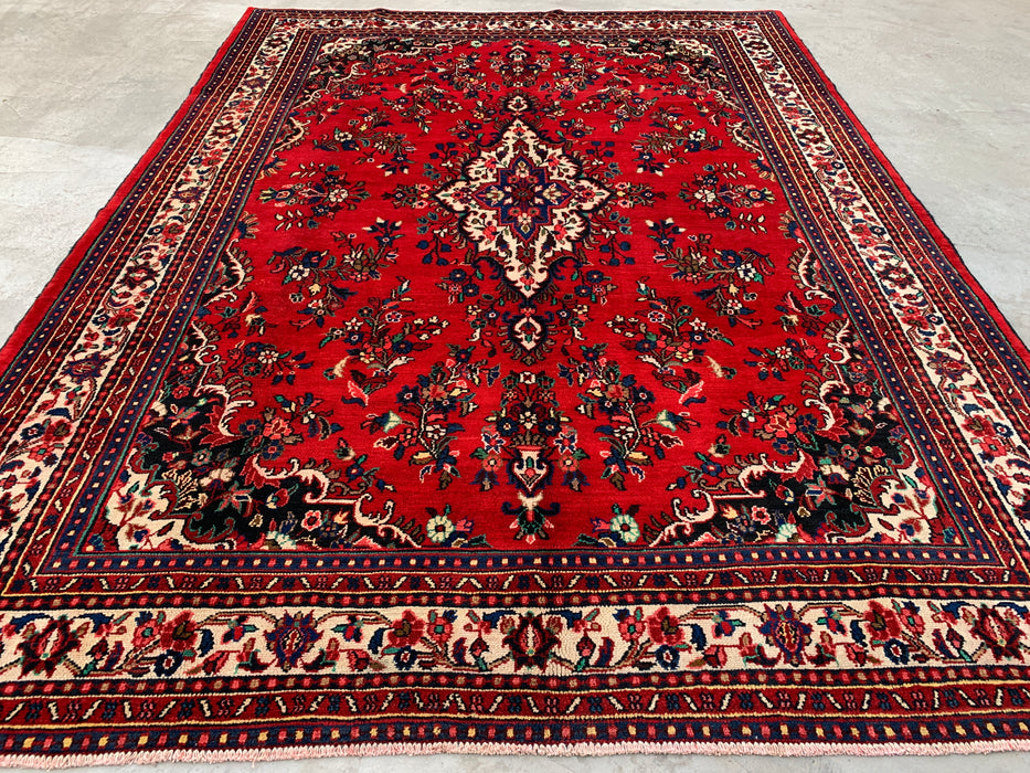11'8 x 8'7 handgeknoopt Perzisch wollen tapijt in rood, blauw & ivoor met traditioneel medaillonontwerp | KBHM-1062