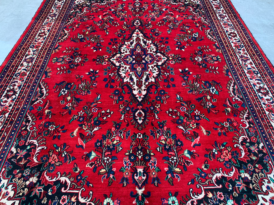 11'8 x 8'7 handgeknoopt Perzisch wollen tapijt in rood, blauw & ivoor met traditioneel medaillonontwerp | KBHM-1062
