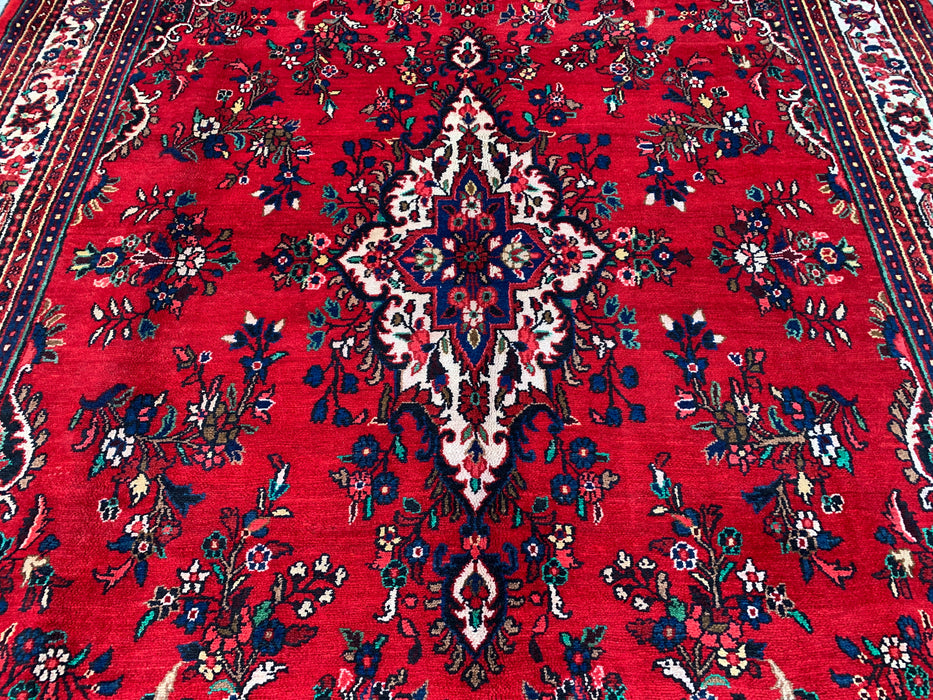 11'8 x 8'7 handgeknoopt Perzisch wollen tapijt in rood, blauw & ivoor met traditioneel medaillonontwerp | KBHM-1062