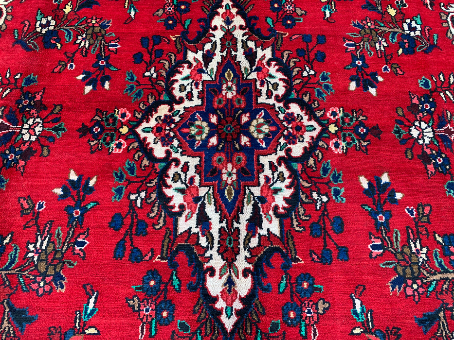 11'8 x 8'7 handgeknoopt Perzisch wollen tapijt in rood, blauw & ivoor met traditioneel medaillonontwerp | KBHM-1062