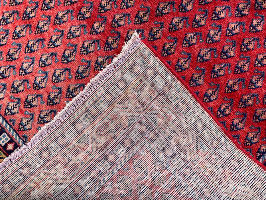10'6 x 4'2 handgeknoopt Perzisch wollen loperkleed in rood, blauw & goud met all-over motief | KBHM-1063