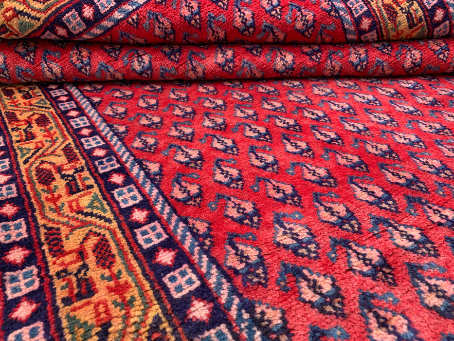 10'6 x 4'2 handgeknoopt Perzisch wollen loperkleed in rood, blauw & goud met all-over motief | KBHM-1063