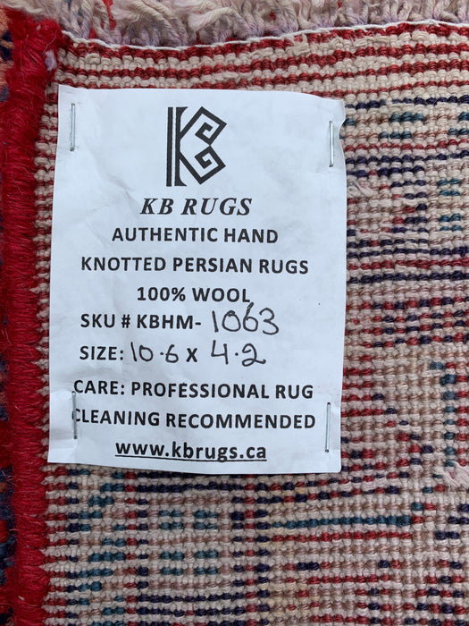 10'6 x 4'2 handgeknoopt Perzisch wollen loperkleed in rood, blauw & goud met all-over motief | KBHM-1063