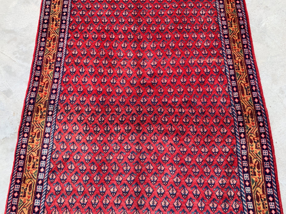10'6 x 4'2 handgeknoopt Perzisch wollen loperkleed in rood, blauw & goud met all-over motief | KBHM-1063