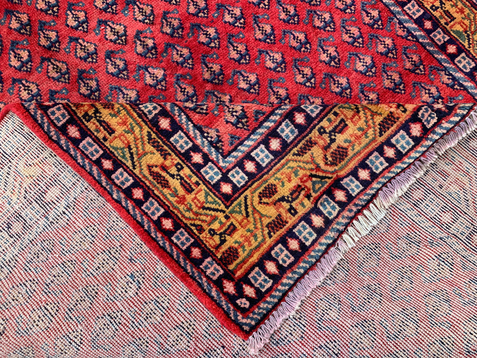 10'6 x 4'2 handgeknoopt Perzisch wollen loperkleed in rood, blauw & goud met all-over motief | KBHM-1063