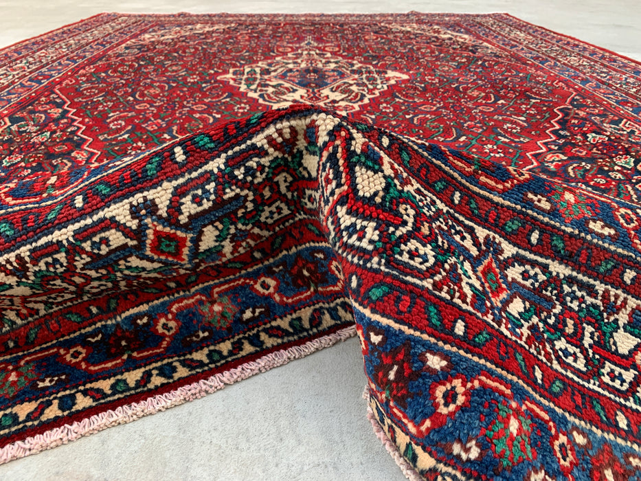 11'7 x 8'8 handgeknoopt Perzisch wollen tapijt in rood, blauw & ivoor met traditioneel medaillonontwerp | KBHM-1064