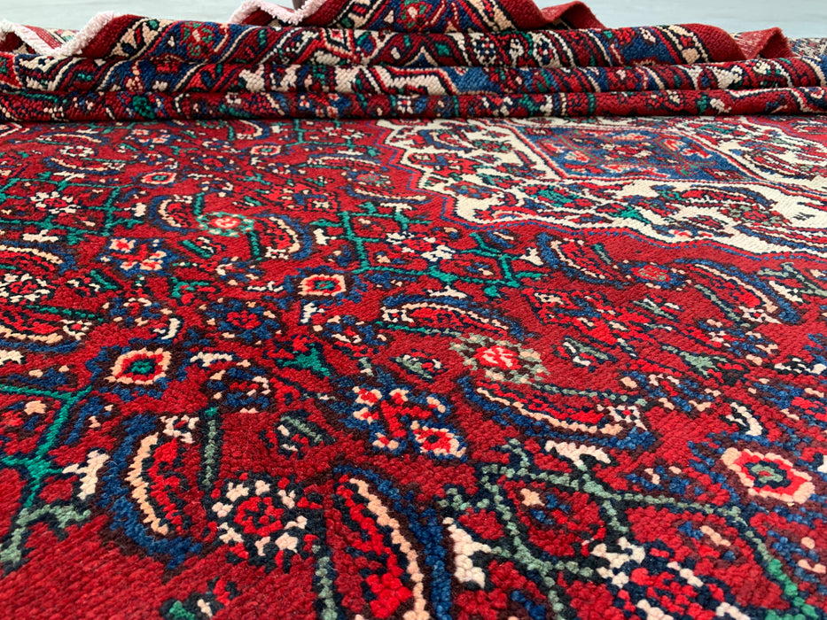 11'7 x 8'8 handgeknoopt Perzisch wollen tapijt in rood, blauw & ivoor met traditioneel medaillonontwerp | KBHM-1064