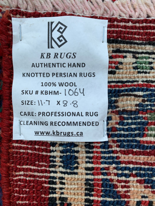 11'7 x 8'8 handgeknoopt Perzisch wollen tapijt in rood, blauw & ivoor met traditioneel medaillonontwerp | KBHM-1064
