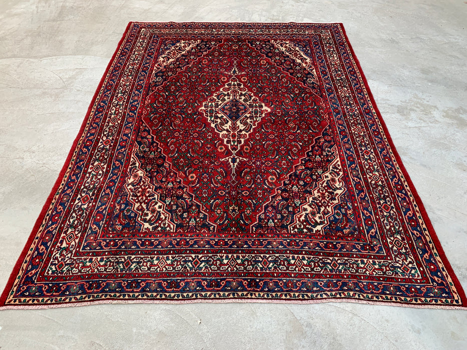 11'7 x 8'8 handgeknoopt Perzisch wollen tapijt in rood, blauw & ivoor met traditioneel medaillonontwerp | KBHM-1064