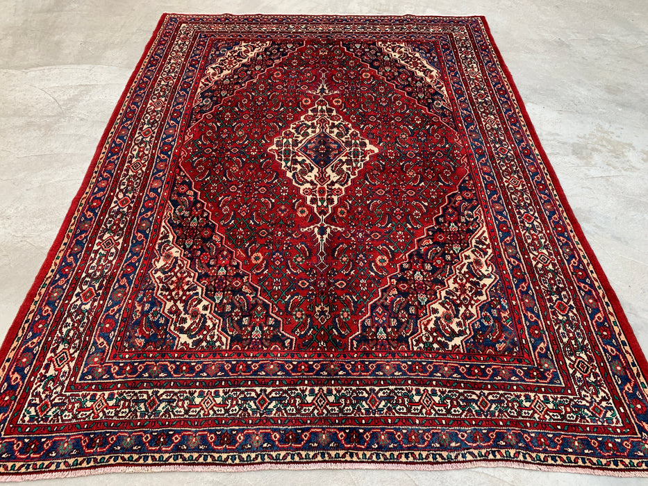 11'7 x 8'8 handgeknoopt Perzisch wollen tapijt in rood, blauw & ivoor met traditioneel medaillonontwerp | KBHM-1064