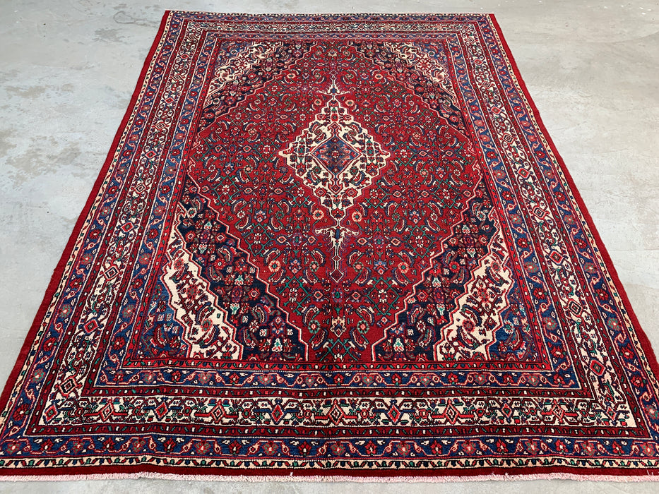 11'7 x 8'8 handgeknoopt Perzisch wollen tapijt in rood, blauw & ivoor met traditioneel medaillonontwerp | KBHM-1064