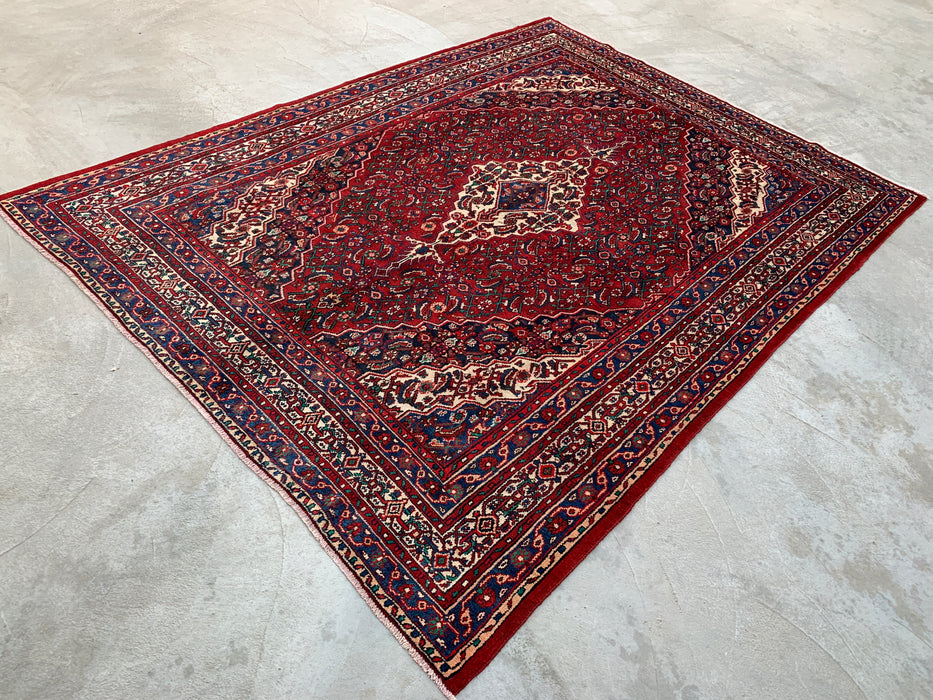 11'7 x 8'8 handgeknoopt Perzisch wollen tapijt in rood, blauw & ivoor met traditioneel medaillonontwerp | KBHM-1064