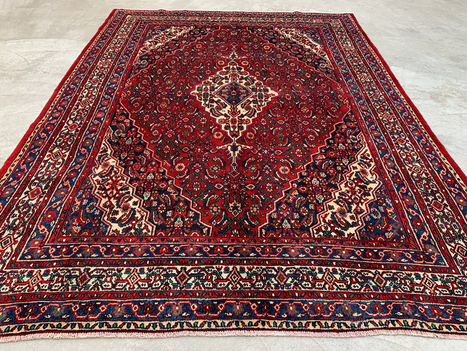 11'7 x 8'8 handgeknoopt Perzisch wollen tapijt in rood, blauw & ivoor met traditioneel medaillonontwerp | KBHM-1064