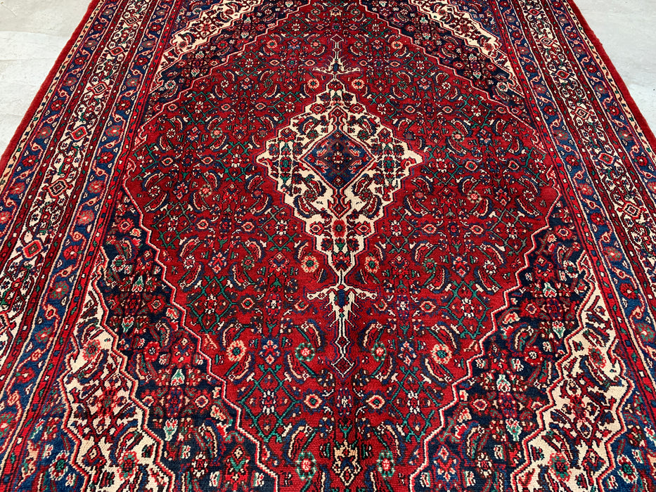 11'7 x 8'8 handgeknoopt Perzisch wollen tapijt in rood, blauw & ivoor met traditioneel medaillonontwerp | KBHM-1064