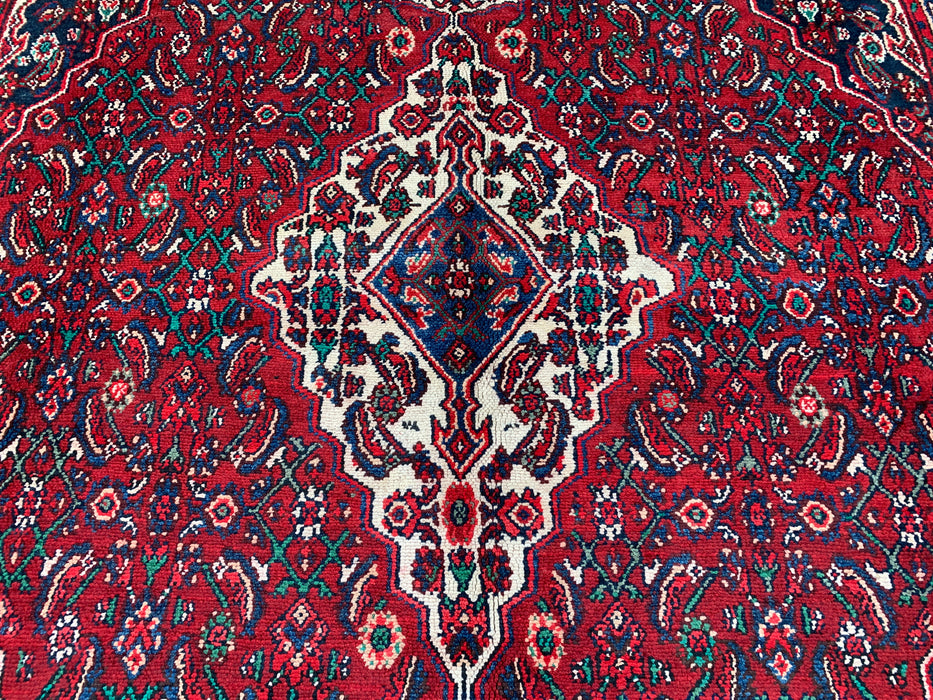 11'7 x 8'8 handgeknoopt Perzisch wollen tapijt in rood, blauw & ivoor met traditioneel medaillonontwerp | KBHM-1064