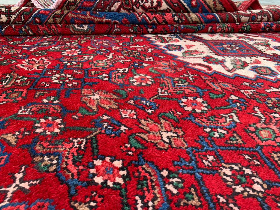 11'6 x 8'7 handgeknoopt Perzisch wollen tapijt met traditioneel medaillonontwerp in rood, blauw & ivoor | KBHM-1065