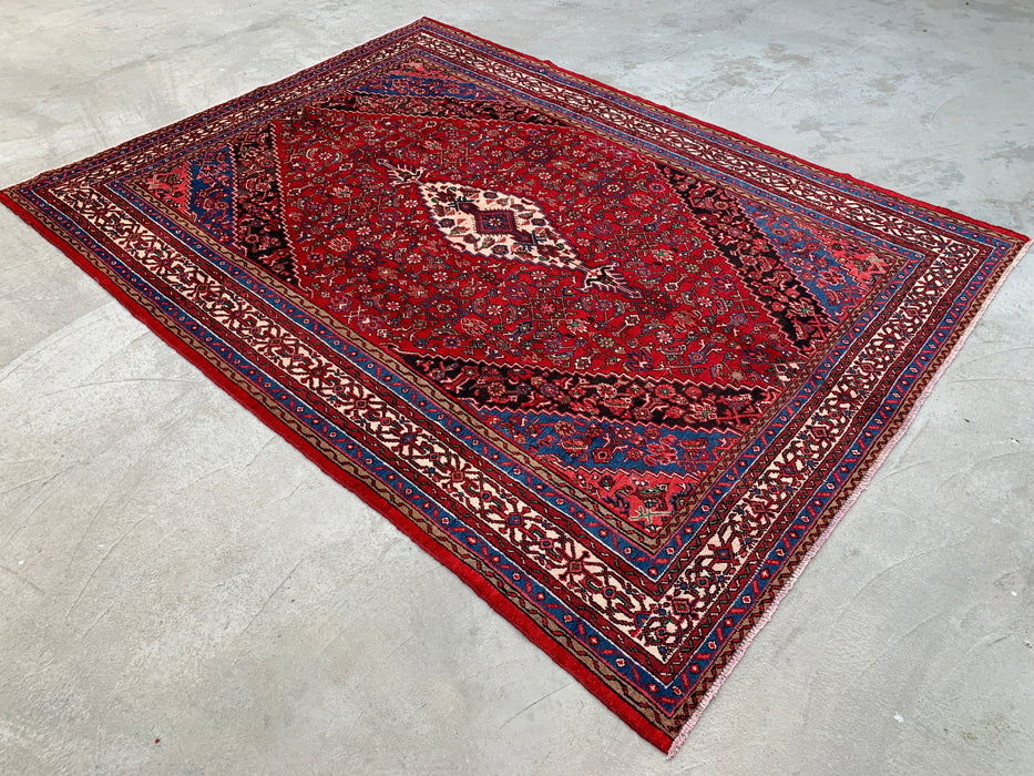 11'6 x 8'7 handgeknoopt Perzisch wollen tapijt met traditioneel medaillonontwerp in rood, blauw & ivoor | KBHM-1065