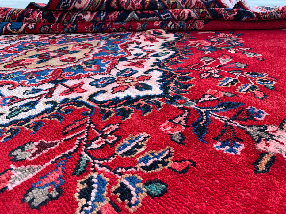 338 x 274 cm handgeknoopt Perzisch wollen tapijt in rood, blauw en ivoor met traditioneel medaillondesign | KBHM-1066