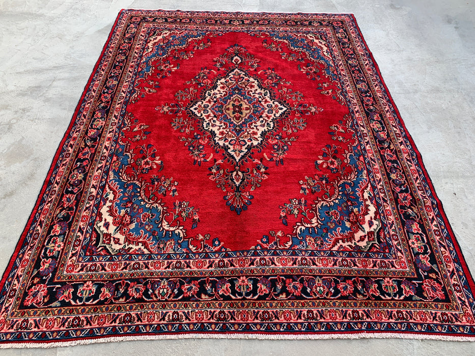338 x 274 cm handgeknoopt Perzisch wollen tapijt in rood, blauw en ivoor met traditioneel medaillondesign | KBHM-1066