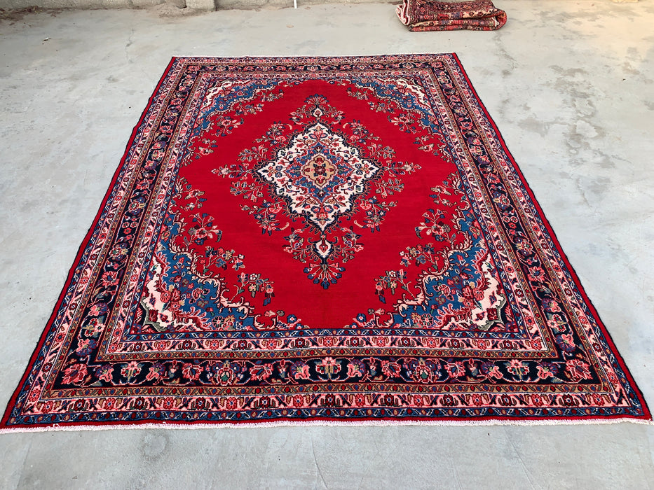 338 x 274 cm handgeknoopt Perzisch wollen tapijt in rood, blauw en ivoor met traditioneel medaillondesign | KBHM-1066