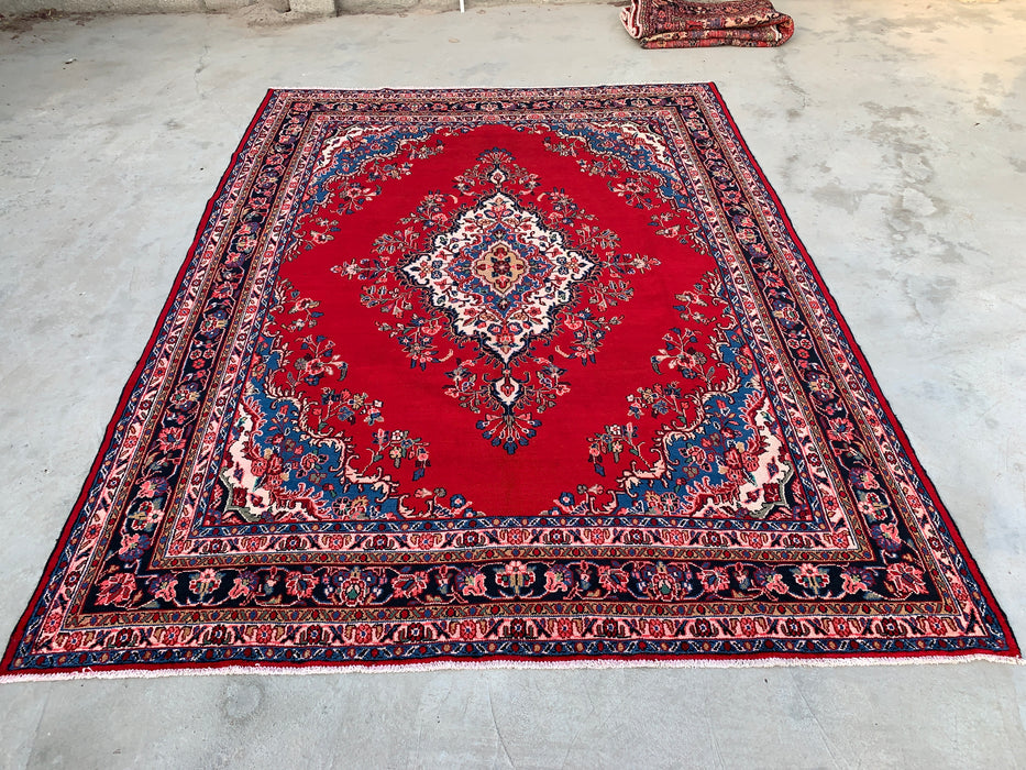 338 x 274 cm handgeknoopt Perzisch wollen tapijt in rood, blauw en ivoor met traditioneel medaillondesign | KBHM-1066