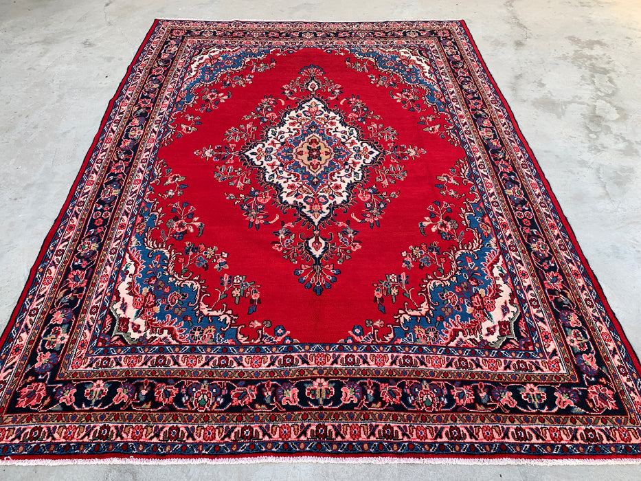 338 x 274 cm handgeknoopt Perzisch wollen tapijt in rood, blauw en ivoor met traditioneel medaillondesign | KBHM-1066
