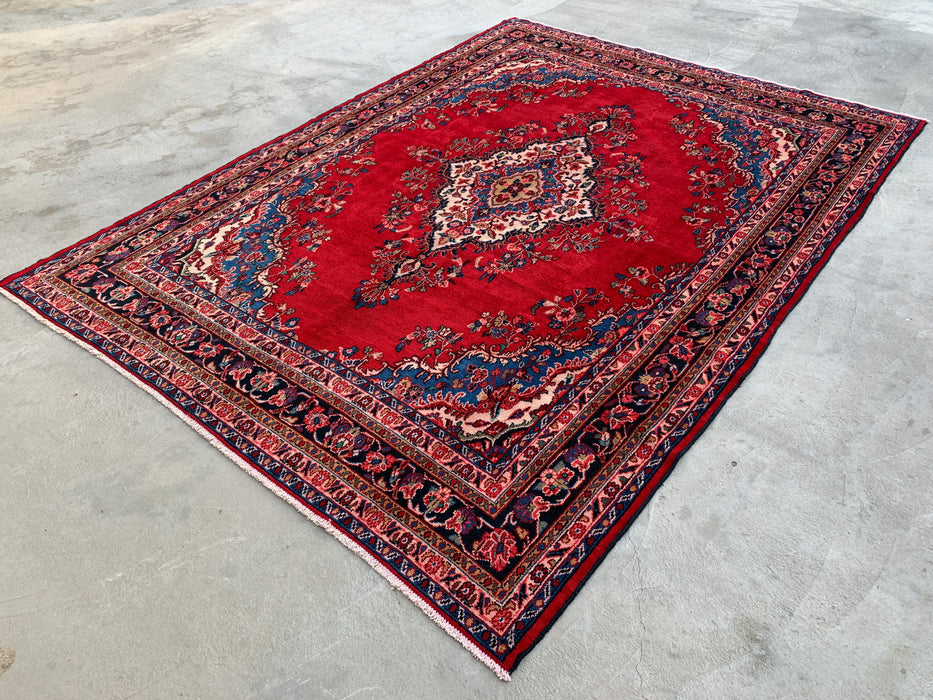 338 x 274 cm handgeknoopt Perzisch wollen tapijt in rood, blauw en ivoor met traditioneel medaillondesign | KBHM-1066