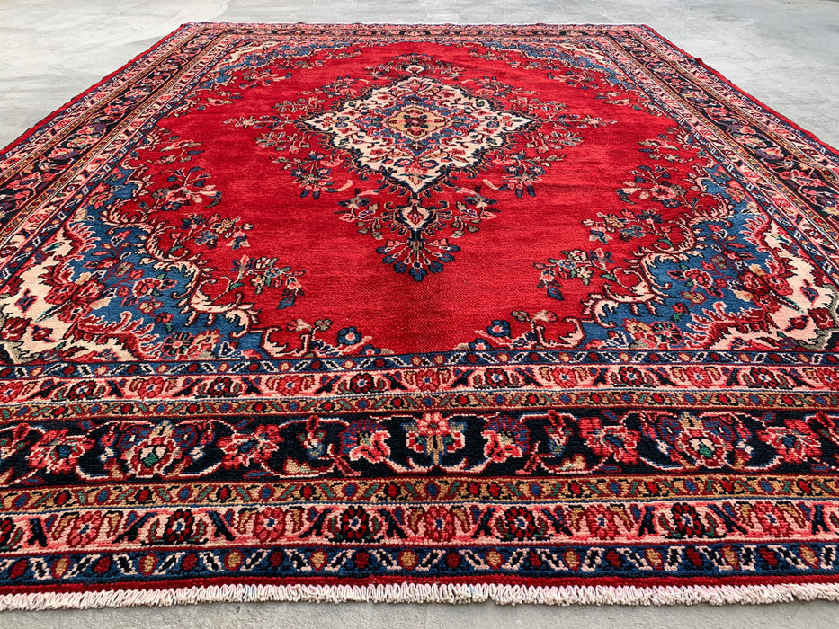 338 x 274 cm handgeknoopt Perzisch wollen tapijt in rood, blauw en ivoor met traditioneel medaillondesign | KBHM-1066