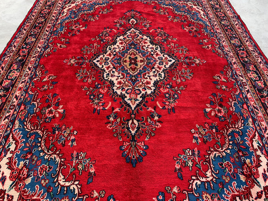 338 x 274 cm handgeknoopt Perzisch wollen tapijt in rood, blauw en ivoor met traditioneel medaillondesign | KBHM-1066