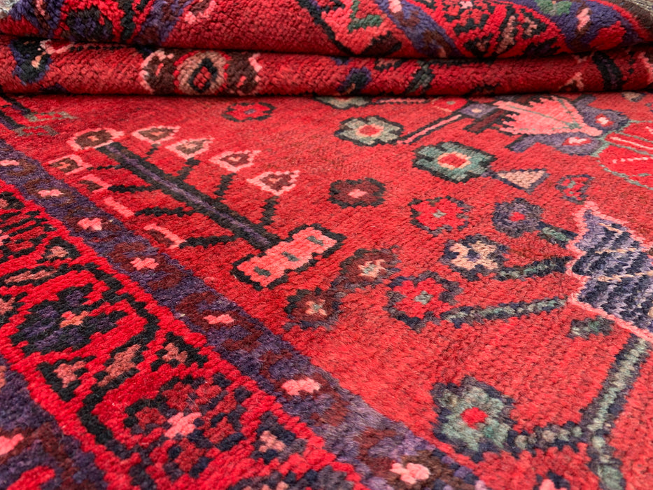 10'2 x 3'5 Handgeknoopt Perzisch wollen loperkleed in rood, marineblauw en roze met traditioneel bloemendesign | KBHM-1070