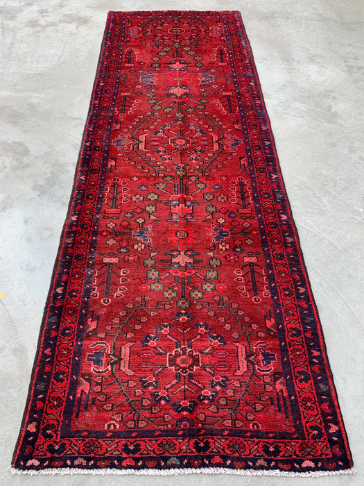 10'2 x 3'5 Handgeknoopt Perzisch wollen loperkleed in rood, marineblauw en roze met traditioneel bloemendesign | KBHM-1070