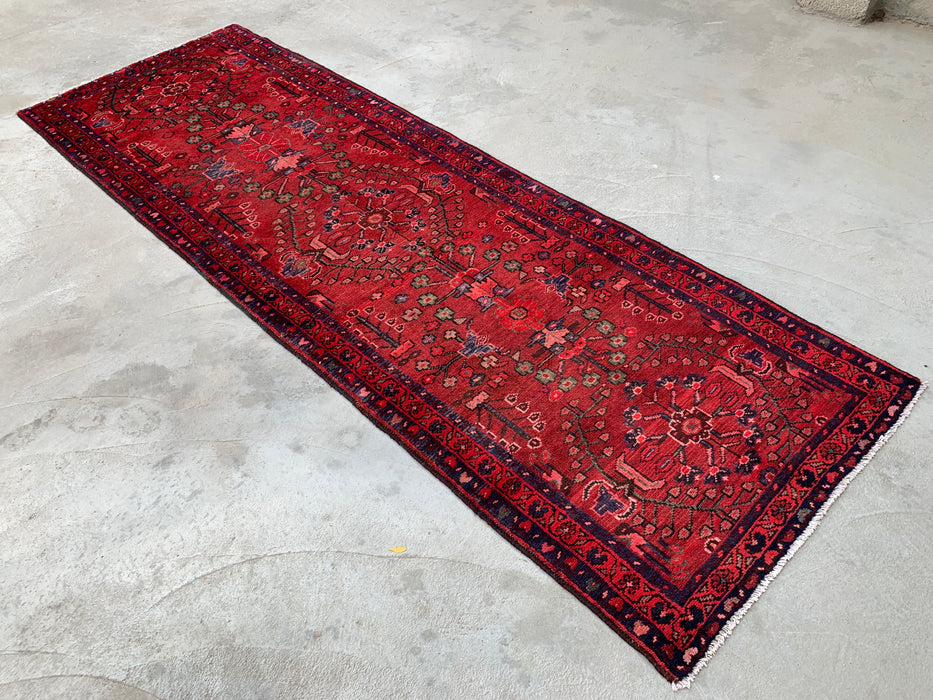 10'2 x 3'5 Handgeknoopt Perzisch wollen loperkleed in rood, marineblauw en roze met traditioneel bloemendesign | KBHM-1070