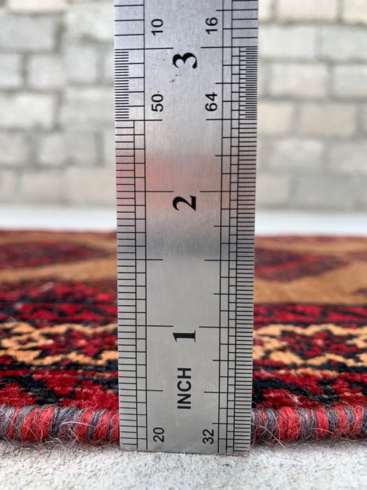 3'1 x 1'10 handgeknoopt Perzisch wollen tapijt in kameel, rood & zwart tribaal geometrisch design | KBHM-1072