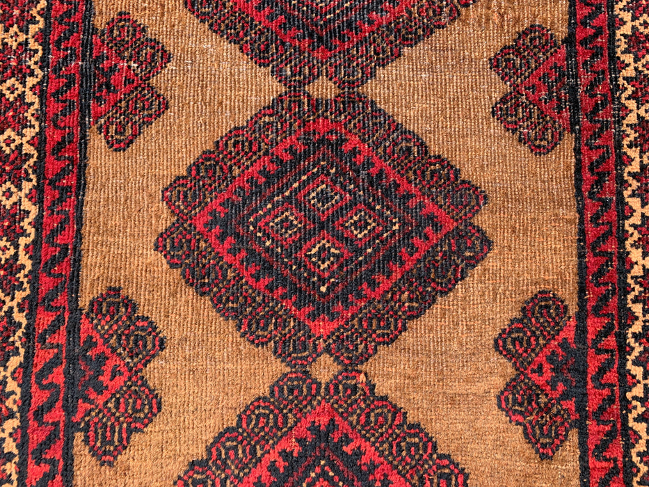 3'1 x 1'10 handgeknoopt Perzisch wollen tapijt in kameel, rood & zwart tribaal geometrisch design | KBHM-1072