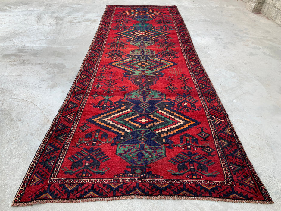 12'10 x 4'7 handgeknoopt Perzisch wollen loperkleed met tribaal geometrisch ontwerp in rood, marineblauw & groenblauw | KBHM-1073