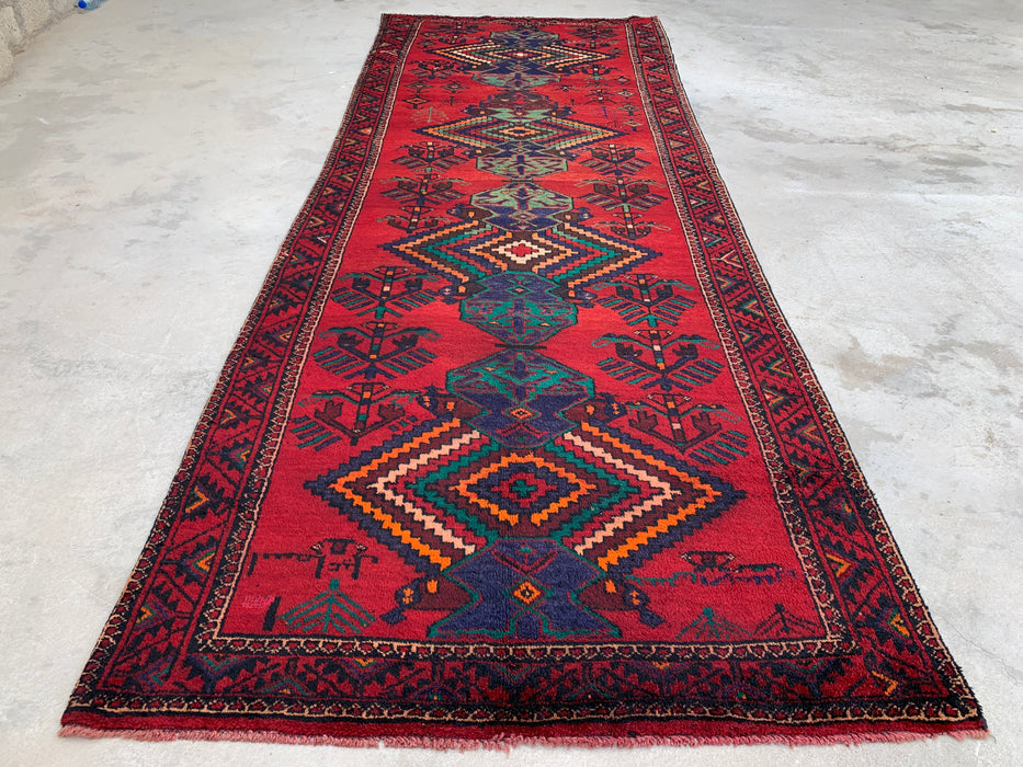 12'10 x 4'7 handgeknoopt Perzisch wollen loperkleed met tribaal geometrisch ontwerp in rood, marineblauw & groenblauw | KBHM-1073