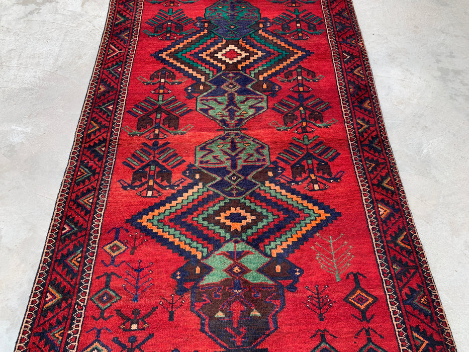 12'10 x 4'7 handgeknoopt Perzisch wollen loperkleed met tribaal geometrisch ontwerp in rood, marineblauw & groenblauw | KBHM-1073