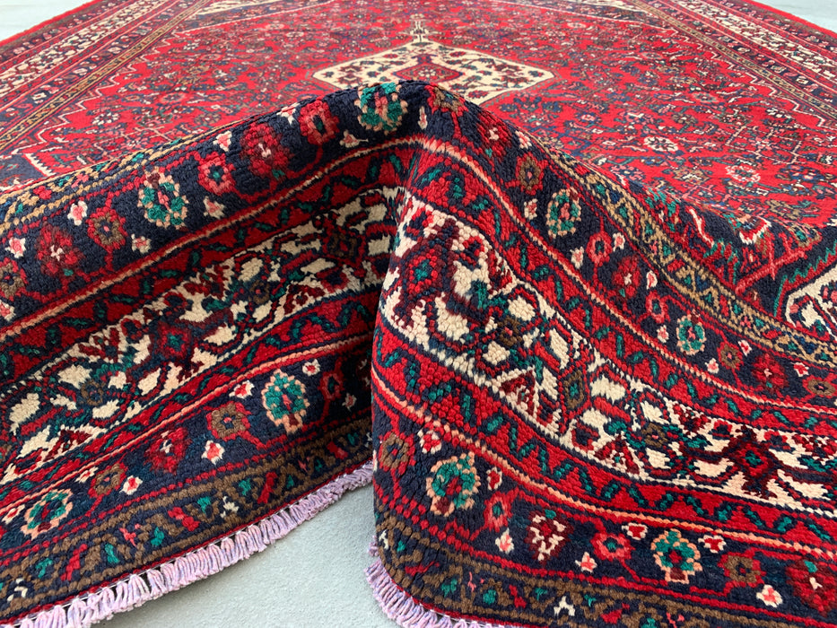 11'7 x 8'8 Handgeknoopt Perzisch wollen tapijt in rood, marineblauw & ivoor met traditioneel medaillonontwerp | KBHM-1075